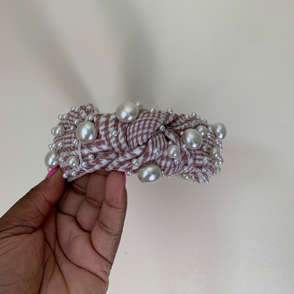 Lele Sadoughi Mauve Houndstooth pearl headband